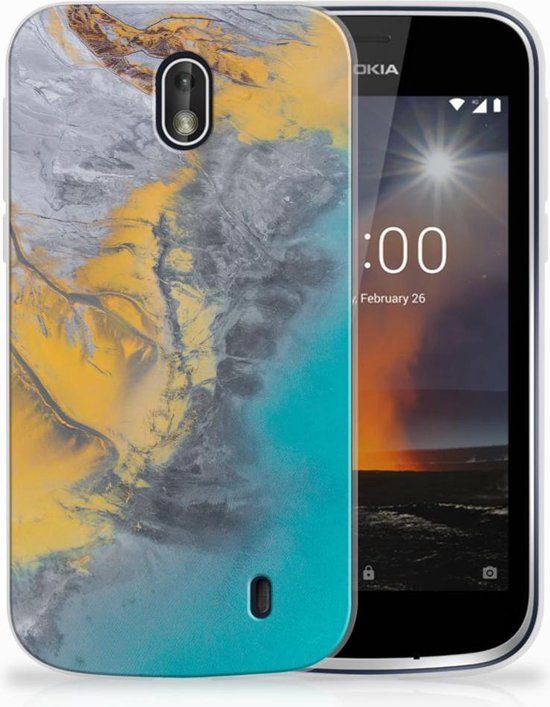B2Ctelecom Nokia 1 TPU Case - Marble Blue Gold Design