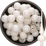Bellatio Decorations Boules de Noël - 37x pièces 6 cm plastique - avec étoile de sapin mate - blanc