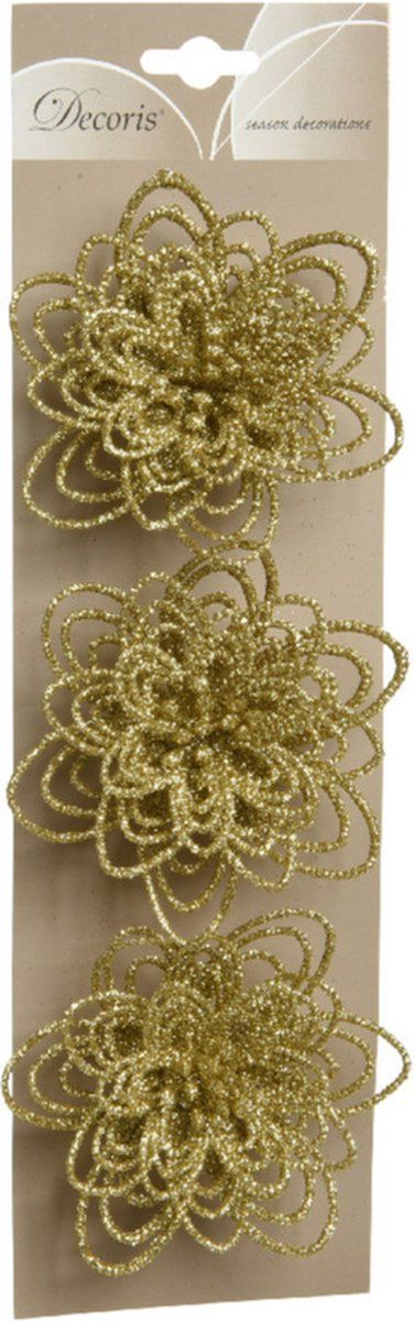 Decoris 18x Decoratie Bloemen Goud Glitter Op Clip 11 cm - Kerstversiering