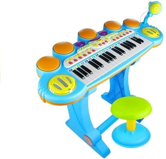 Kinder keyboard met drums, microfoon, standaard & krukje - blauw
