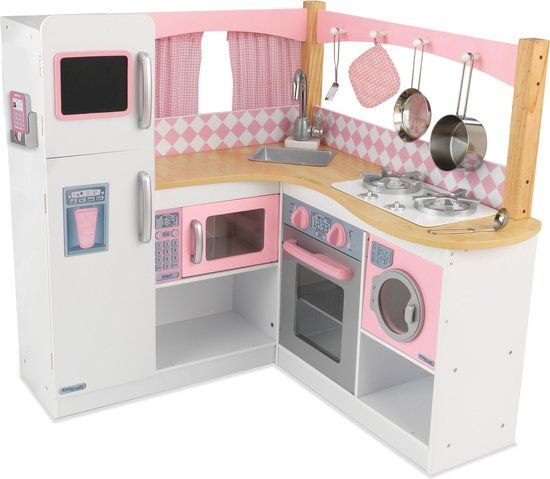 KidKraft Grand Gourmet Corner Houten Kinderkeuken met accessoires - Wit/Zilver/Roze