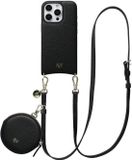 AVY Leren Hoesje geschikt voor Apple iPhone 16 Pro Max | Met Koord en Mini Telefoontasje | Compatibel met MagSafe | Leather Case met 130CM Koord & Pouch | Long Leather | Zwart