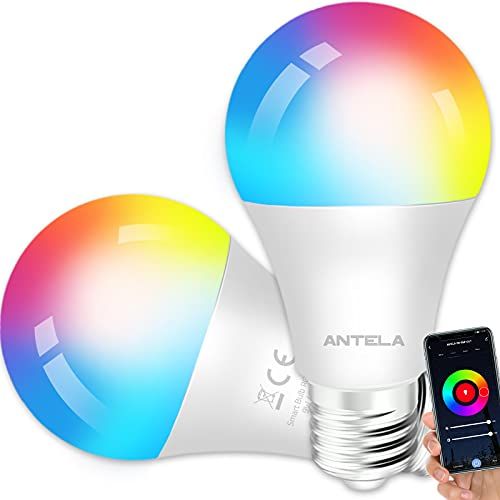 ANTELA Slimme wifi-gloeilamp E27, 9 W led meerkleurige dimbare lamp, app-besturing, compatibel met Alexa, Google Home, geen hub nodig, 2 stuks