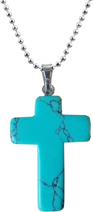 Fako Bijoux Ketting Kruis Turquoise Natuursteen 70cm