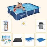 Bestway Rechthoekig Steel Pro Zwembad - 300 x 201 x 66 cm - Blauw - Inclusief Onderhoudspakket - Solar Mat - Afdekzeil - Grondzeil - Filter - Zwembadfilterpomp - 7-delig