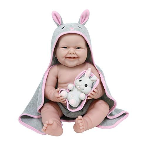 JC Toys La Newborn Pop - 38 cm - Zacht Vinyl - Met Capuchon & Haas - Grijs/Roze