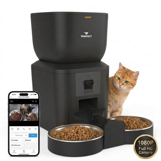 Tensfact Premium Voerautomaat voor Kat en Hond | Zwart - Automatische Voerbak met Full HD Camera en Wifi