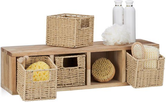 Relaxdays Wandrek met Mandjes Walnoot Hout - Keukenrek - 4 Vakken