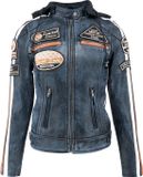 Urban 5884® - 66 - Dames jas - Biker jack - Lams leren jas - Afneembare Hoodie - Blauw Denim - Maat XL