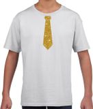 Bellatio Decorations Shoppartners Bv Verkleedkleding t-shirt - wit - met kleine Stropdas - goud glitters - voor kinderen - carnaval 146/152