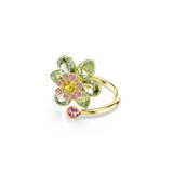 Swarovski Idyllia open ring, centrale bloem in groen, roze en geel kristal, spiraalframe, op de natuur geïnspireerd design, goudtint, maat 60