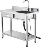 VEVOR RVS spoelbak (100 x 50 x 94 cm), enkele kom met kraan en lade, keukengootsteen voor garage, restaurant, wasruimte, buitenwasbak met werkblad (links)