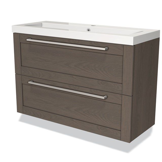 Maxaro Badkamermeubel 100cm Modulo Slim Donkerbruin Eiken 2 Lades Kader Wastafel Mineraalmarmer