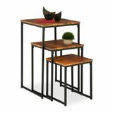 Relaxdays bijzettafel set van 3, stapelbaar, mimiset, 3 groottes, vierkant, metaal, woonkamer, salontafel, bruin/zwart