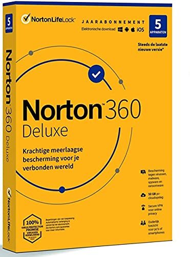 Norton Norton 360 Deluxe 2021, antivirussoftware, internetbeveiliging, 5 Apparaten, 1 Jaar, Secure VPN en Password Manager, PCs, Macs, tablets en smartphones, envelop, past in de brievenbus