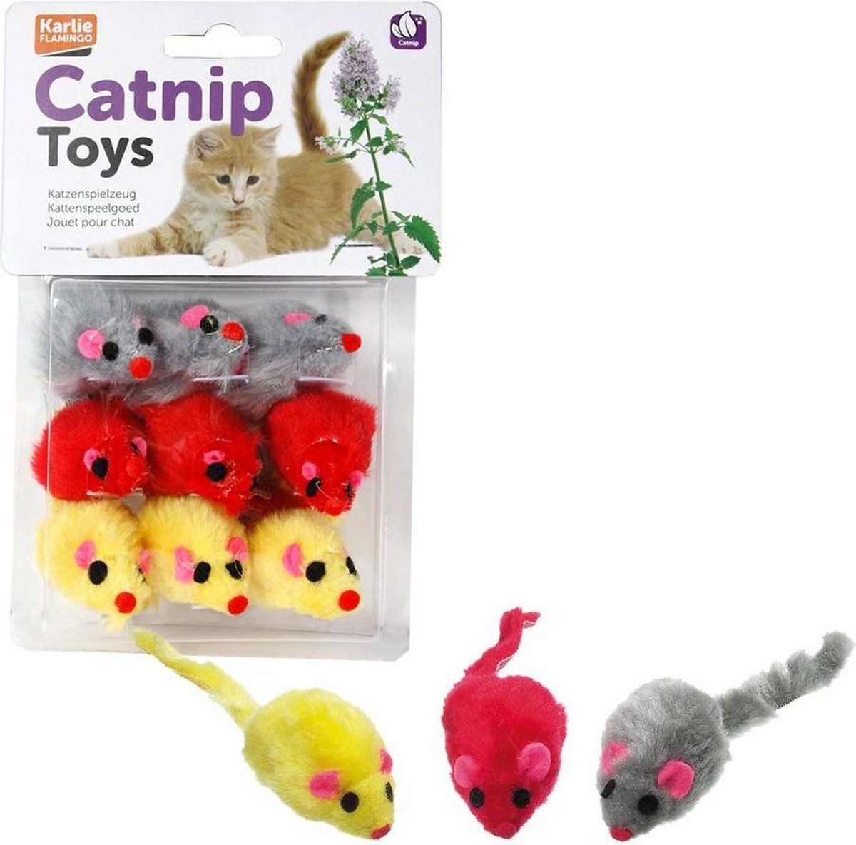 FLAMINGO Plushmice - 9 pcs in a blisterpack - grey/red/yellow