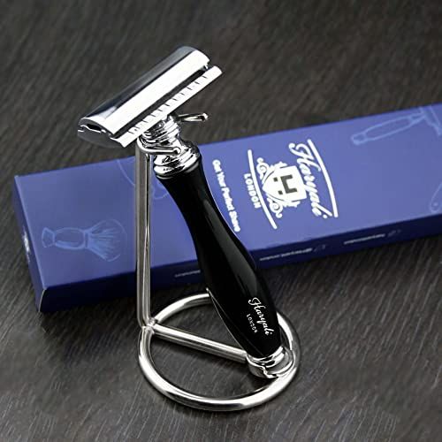 Haryali London Classic DE Safety Razor in zwart & roestvrij staal standaard | Heren scheren & Grooming Essentials > Cadeau voor hem