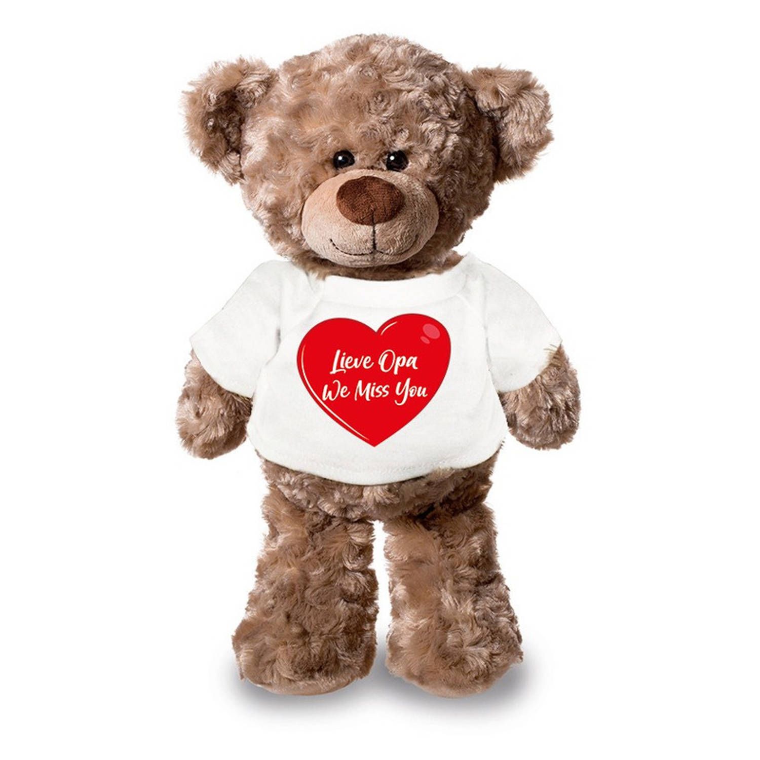 Bellatio Decorations Lieve opa we miss you Pluche Teddybeer Knuffel 24 cm - Wit T-shirt met Rood Hartje - Cadeau Knuffelbeer