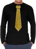 Bellatio Decorations Verkleed shirt heren - stropdas glitter goud - zwart - carnaval - longsleeve XL