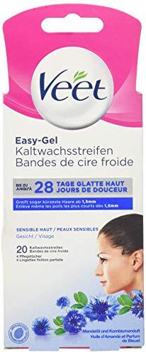 Veet Koudwasstrips met Easy-Gelwax-technologie, voor het gezicht, geschikt voor de gevoelige huid, tot 28 dagen gladde huid, 10 x dubbele strepen