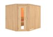 Karibu Sauna, binnensauna, model Malin, hoekopstelling. Oven: 9 kW, externe bediening, easy. Afmetingen: 245x210x202 cm. Inclusief daklijst en energiebesparende deur