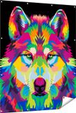 Gards Poster de jardin Tête de loup colorée - Wolf - Abstrait - 120x150 cm - Toile de jardin - Décoration de jardin - Décoration murale extérieure - Peinture de jardin