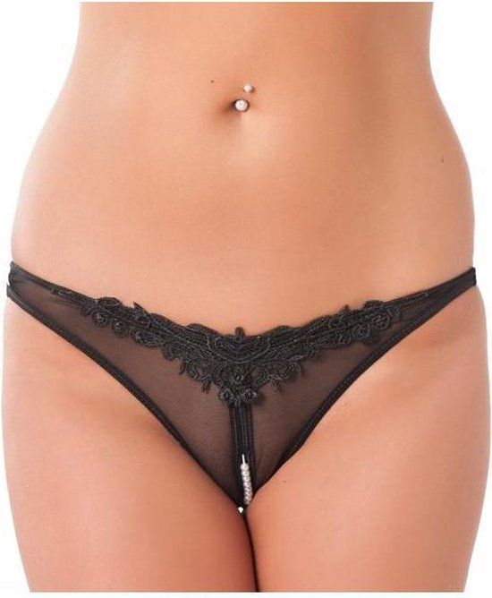 Amorable String met Open Kruis en Kant - Zwart - One Size