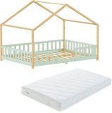 en.casa Kinderbed Treviolo met uitvalbeveiliging en matras 140x200 cm mintgroen en naturel