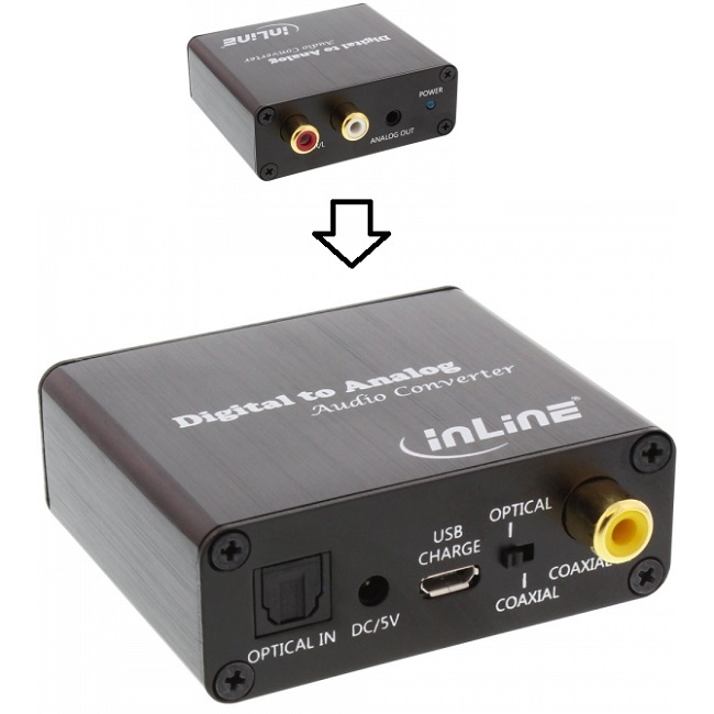 Inline audio omvormer digitaal naar analoog - 192Khz - voeding via 220V of USB