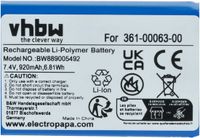 vhbw Vervangende batterij voor Garmin 361-00063-00 GPS-navigatie (920 mAh, 7,4 V, Li-Polymeer)