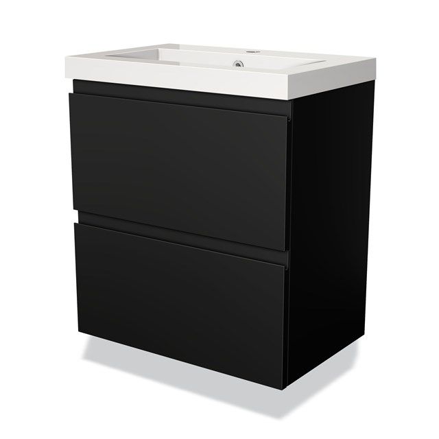 Maxaro Badkamermeubel 60cm Modulo Slim Mat Zwart 2 Lades Greeploos Mineraalmarmer