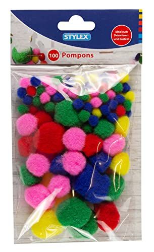Stylex 46467 Pompons - 100 Pluizige Ballen - Diverse Kleuren en Maten - Knutselwerk