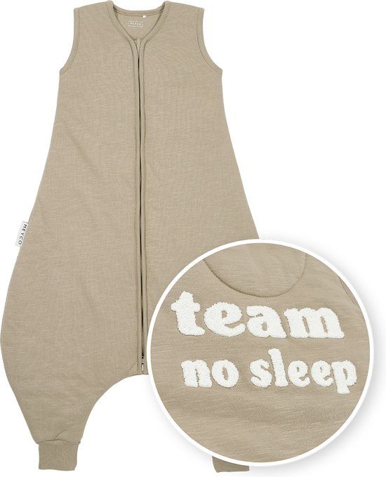 Meyco Baby Slub met Team No Sleep applicatie baby winter slaapoverall jumper - taupe/offwhite - 80cm - 2.0 TOG
