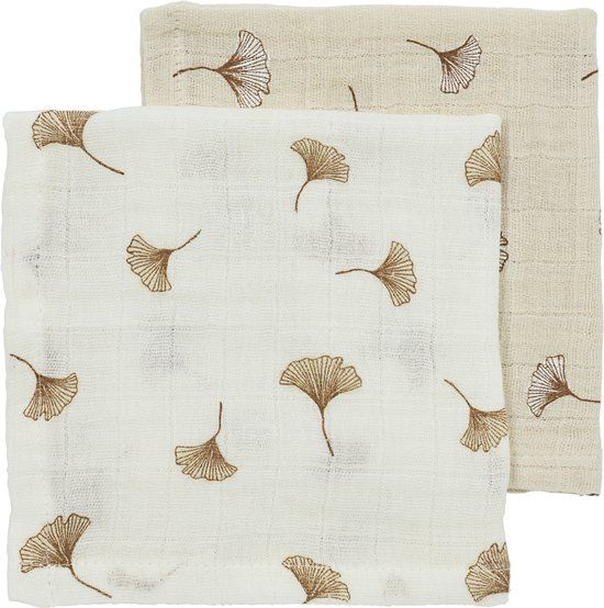 Meyco Baby Gingko Monddoekjes - 2 Stuks - 30 x 30 cm - Pre-Washed Hydrofiel - Offwhite/Soft Sand