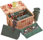 Les Jardins de la Comtesse - Groene Picknickmand Saint-Honoré - Lederen riemen - 4 personen - Met opvouwbare tafel in bamboe - Porseleinen borden en glazen wijnglazen - 45 x 28 x 28 cm