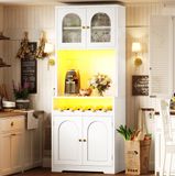 OKWISH Buffetkast – Hoog Dressoir Met RGB Led Verlichting – 70 x 38,3 x 180 cm – Glazen Deuren Wijnrek Verstelbare Planken – MDF Metaal Wit
