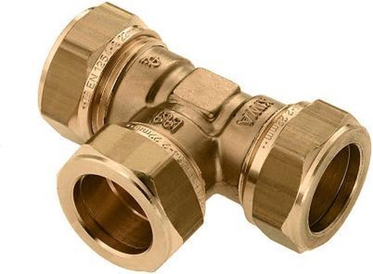 Bonfix - messing - knelkoppeling - T-stuk - 10 x 10 x 10 mm - 3 x knel - KIWA en Gastec keur