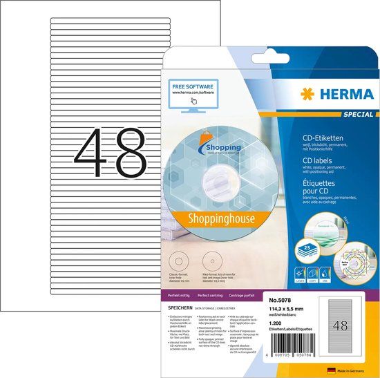 HERMA 5078 White Self-Adhesive Printer Label - 48 Labels/Sheet - 1200 Labels
