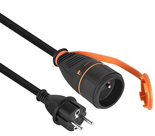 Electraline 01751 verlengkabel IP44, 10 m, rubber, H07RN-F 3G1,5 mm, Franse stekker, zwart