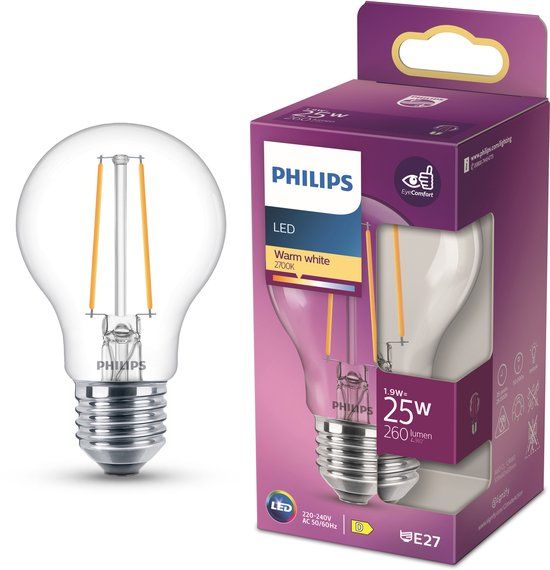 Philips LED lamp - Standaard lampvorm met E27 fitting - Warmwit licht: 2700K - 25W - Helder glas