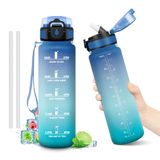 Drinkfles 1 liter lekvrije herbruikbare waterfles met rietje en tijdmarkeringen BPA-vrij motiverende fles voor camping school kantoor yoga