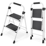 KINGRACK Trapladder 2 Treden met Leuning, Draagbare Vouwladder Vouwtrap met Antislip Voeten en Breed Trapje, Kleine Opstapkruk Inklapbaar Stabiel Huishoudtrap voor Thuis Keuken Kantoor, Wit