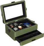 CASE ELEGANCE Militaire horlogebox met 10 compartimenten voor heren, bovenkant van echt glas, modulaire valetlade, Apple Watch compatibel met Apple Watch-standaard, accessoirelade - Groen