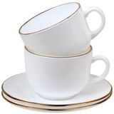 King Hoff Kop en Schotel Set 12-delig - Wit Opaalglazen Koffiekopjes met Gouden Rand - 210 ml - Set voor 6 Personen