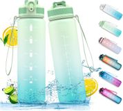 Unyqoos Ibenzoa® Stijlvolle Hydratatie Waterfles met Rietje en Tijdmarkeringen voor Actieve Levensstijl - Blauw Cyaan - 1 L