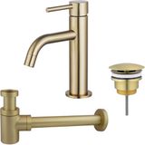 Fortifura Calvi Slim Wastafelkraanset - lage wastafelkraan - always open plug - verlaagde design - sifon - PVD - geborsteld messing (goud)