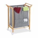 Relaxdays Wasmand met 2 vakken, 80 l, wasmand op wielen, bamboe en stof, h x b 76 x b 65 x d 35 cm, natuur/bamboegrijs, polyester, kunststof
