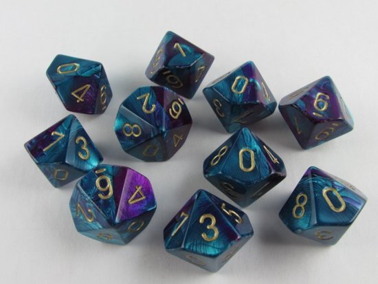 Chessex dobbelstenen set 10 10-zijdig Gemini purple-teal w/gold