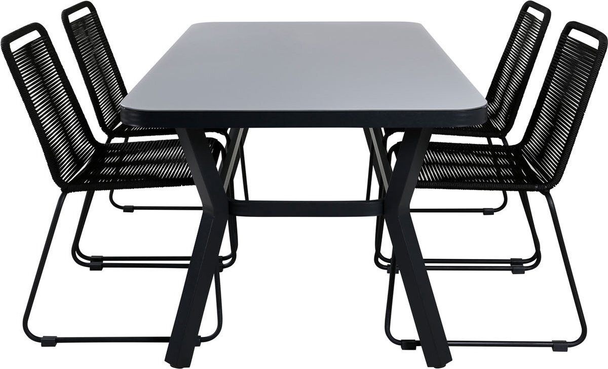 Hioshop Virya tuinmeubelset tafel 90x160cm en 4 stoel stapel Lindos zwart, grijs.