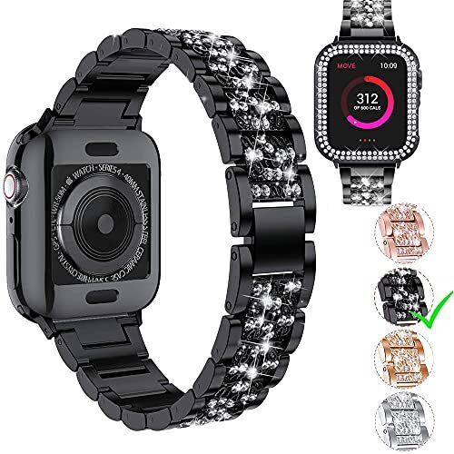 Aergood Bling Strap, compatibel met Apple Watch Band 38 mm 40 mm 41 mm 42 mm 44 mm 45 mm met case, roestvrij staal strass diamant vrouw en meisjes polsband voor iWatch Series 7 6 SE 5 4 3 2 1, Zwart, 41mm